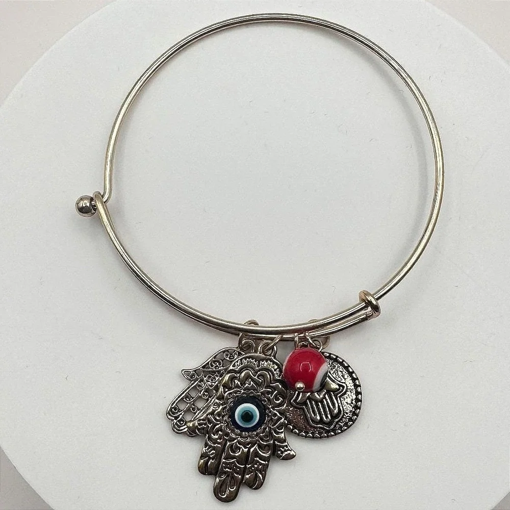 Vintage 90s Gold Tone Hamsa‎ Hand Evil Eye Charm Bangle Bracelet Glass Bead Boho